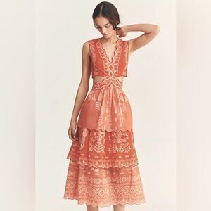 FARM Rio Coral Embroidered Tiered Cutout Dress